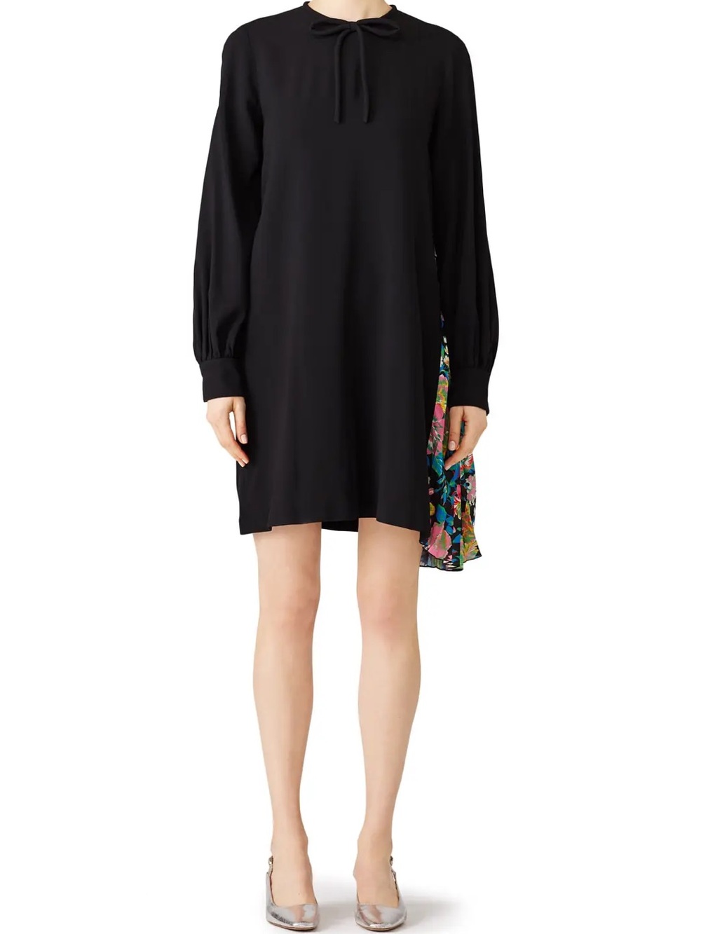 MSGM Black Long-Sleeve Shift Dress with Floral Side Insert